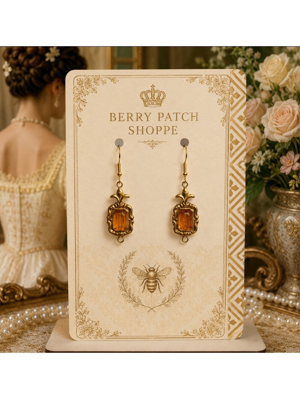 Victorian Georgian Regency Era Bridgerton Amber Hypoallergenic Dangle Earrings
